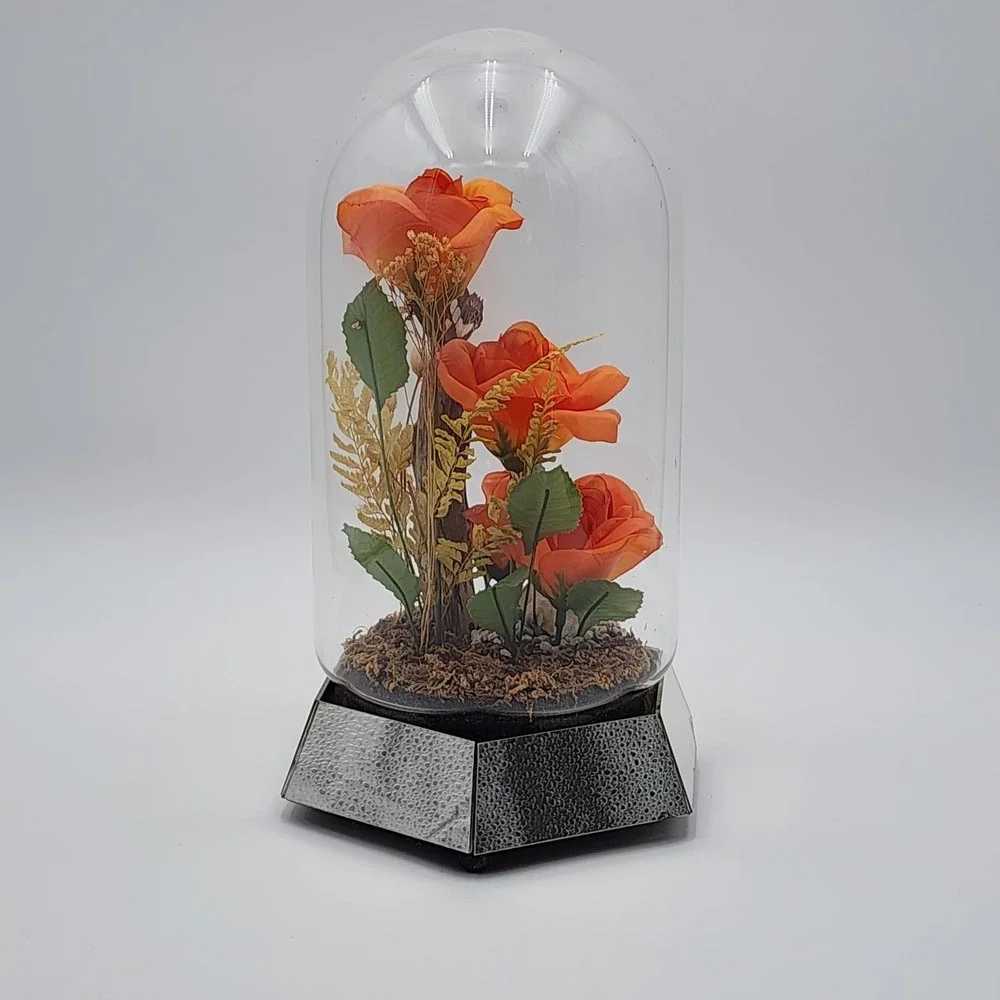Vintage Glass Dome Floral Cloche with Butterfly Dried & Orange‎ Faux Flowers